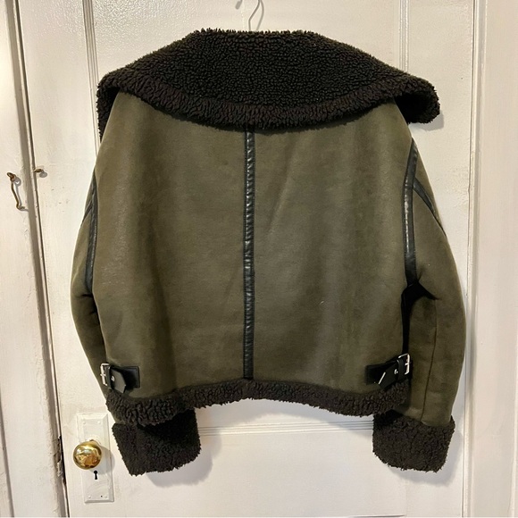 Zara Oversized Faux Sherpa and Suede Olive Coat - Picture 3 of 3